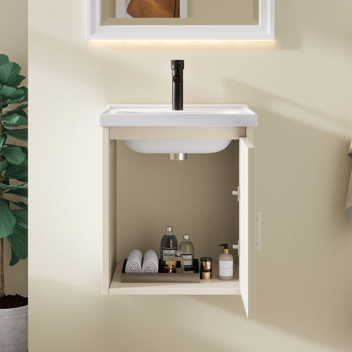 16" Floating Bathroom Vanity Combo, Wall Mounted Cabinet With Sink & Soft Close Doors For Small Bathrooms - Khaki