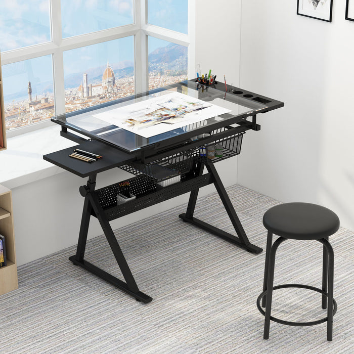 Adjustable Tempered Glass Drafting Printing Table With Chair