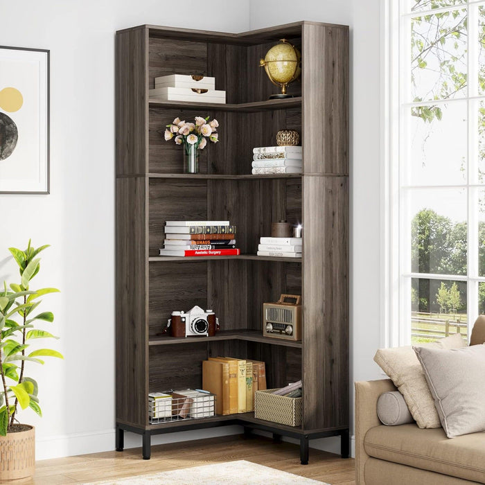 L-Shaped Bookcase, 5 Tier Freestanding Corner Bookshelf