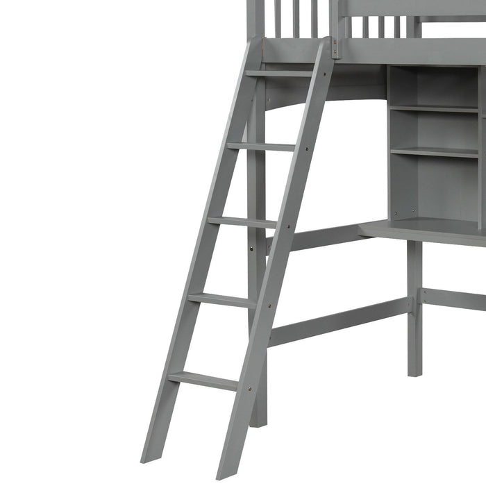 Loft Bed With Storage Shelves, Desk And Ladder