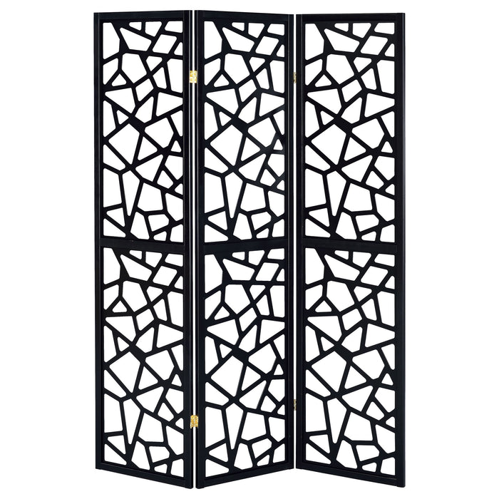 3 Panel Folding Screen With Mosaic Cutout Design - Black