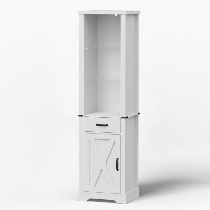 Pantry Cabinet With LED Lights And Barn Door With Tempered Glass Shelves - White