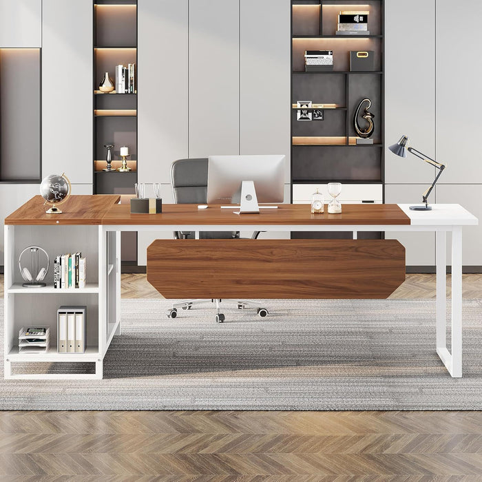 L-Shaped Executive Desk With File Cabinet, Large Workspace For Home Office - White / Walnut