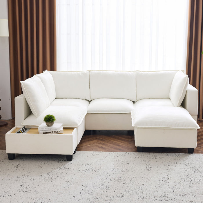 U-Shaped Sectional Modular Sofa With A Movable Ottoman, A Coffee Table With Hidden Charging Devices For Living Room