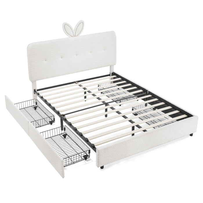 Upholstered Bed With Oversized Rabbit Ear Headboard, LED Lights & 4 Storage Drawers