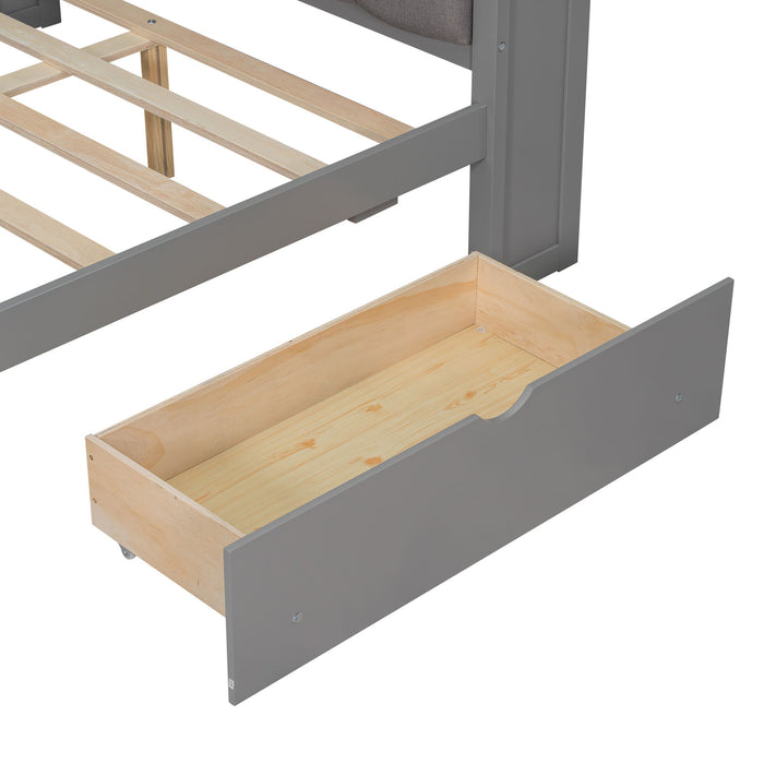 Platform Bed With Upholstered Headboard, Storage Shelves, Drawers, Charging Station, LED Lighting, Built In Desk