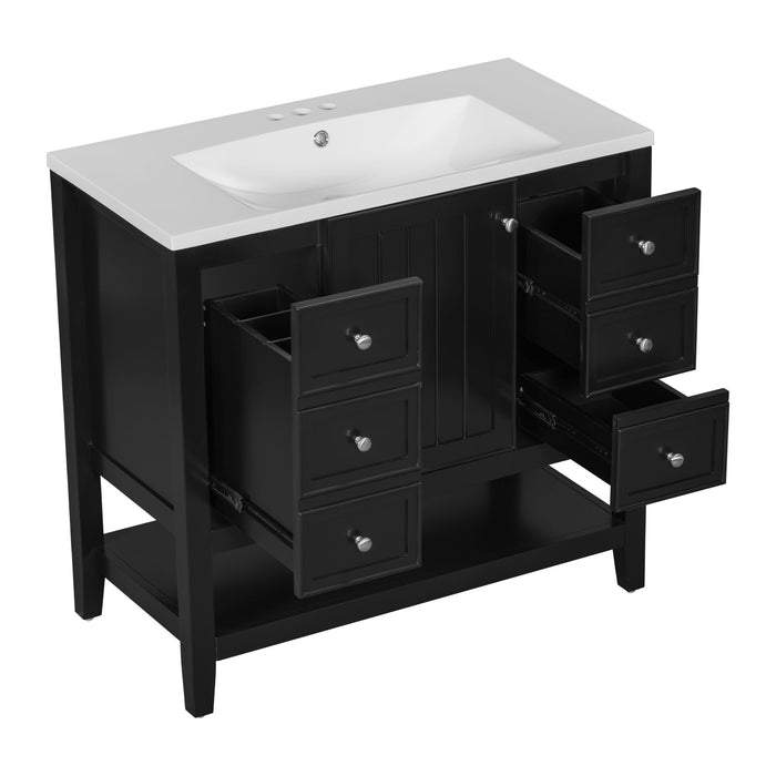 36" Bathroom Vanity & Sink, 2 Cabinet And 3 Drawers - Black