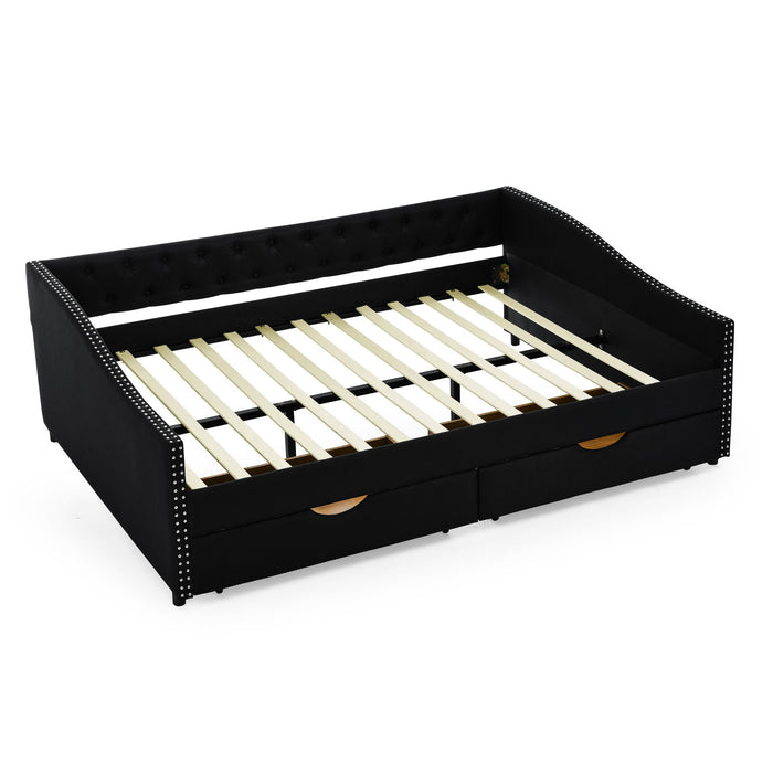 Upholstered Tufted Daybed With 2 Drawers, Waved Arms