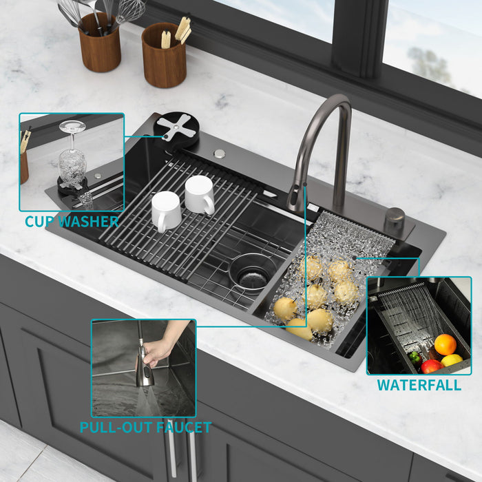 33" Stainless Steel Single Bowl Kitchen Sink With Waterfall Flow