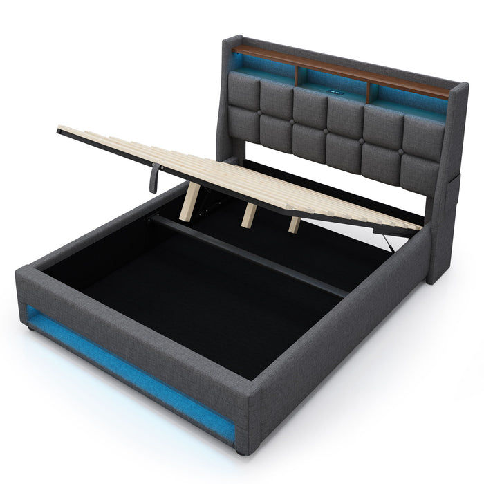 Platform Bed With Hydraulic Storage, LED Lighting & Charging Station