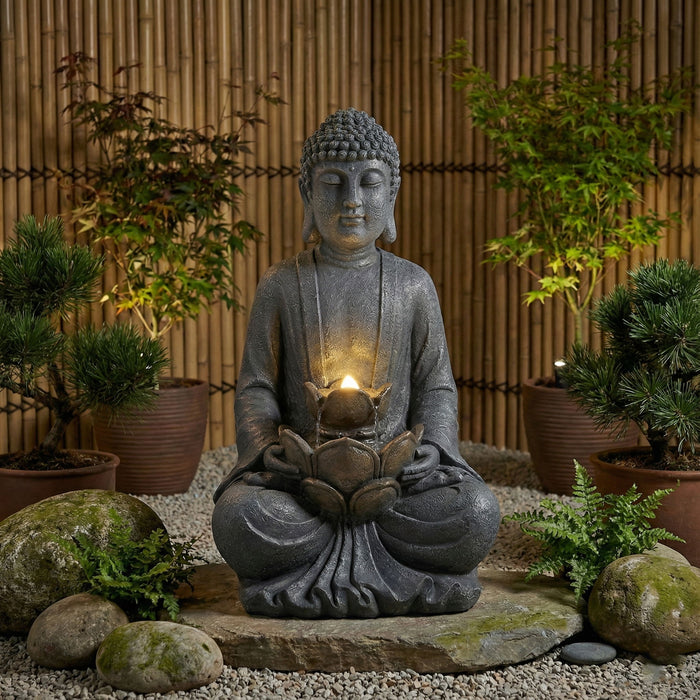 Zen - 2 Tier Meditating Buddha Water Fountain With Pump & LED Light - Gray