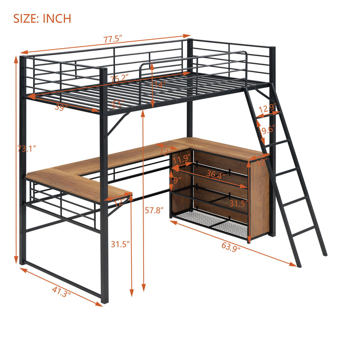 Loft Bed & 3 Layers Of Shelves And L-Shaped Desk