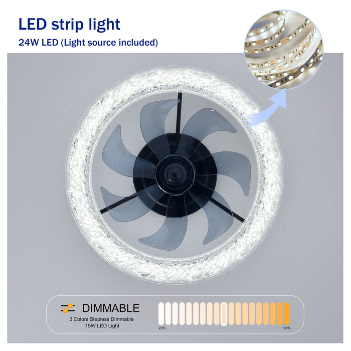 LED Light Source And Remote Control, 3000 - 6500K Dimmable Flush Mount LED Fan Light, 6 Speeds, Quiet DC Motor For Living Room - Matte Black