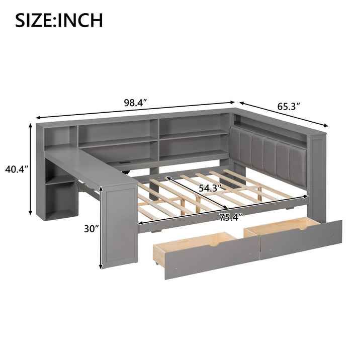 Platform Bed With Upholstered Headboard, Storage Shelves, Drawers, Charging Station, LED Lighting, Built In Desk