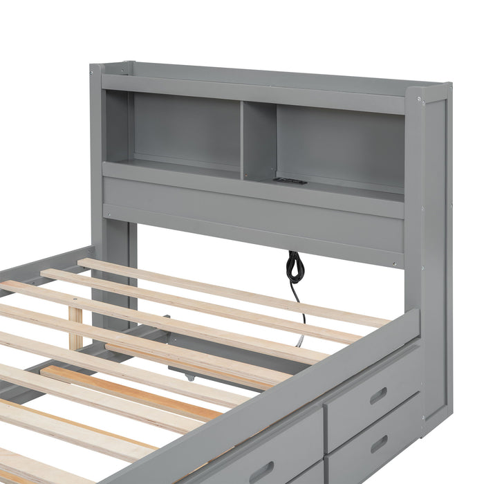 Full Size Platform Bed With Trundle, Drawers, USB Ports And Built In Shelves - Gray