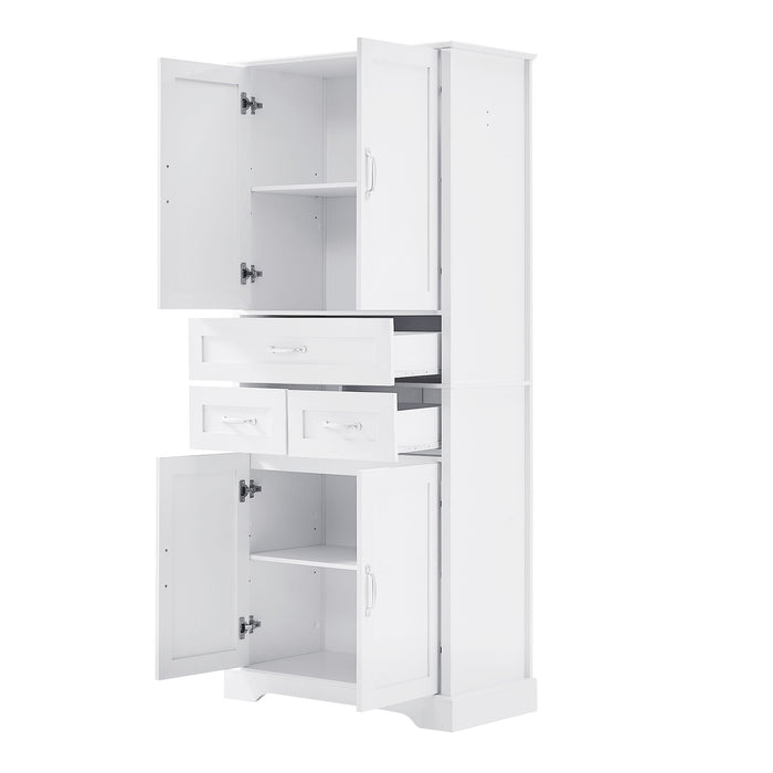 Tall Bathroom Storage Cabinet With 4 Doors 3 Drawers Adjustable Shelves - White