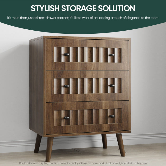 3 Drawer Dresser, Storage Cabinet With Vertical Grooves For Bedroom - Walnut