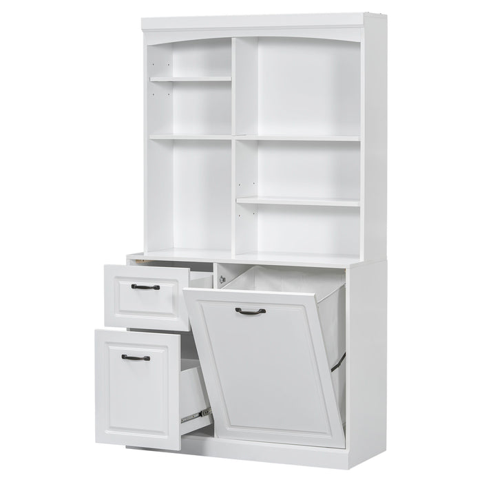 Bathroom Storage Cabinet With Tilt Out Hamper, Tall Free Standing Organizer With Drawers & Adjustable Shelves, Linen Tower With Steel Handles - White