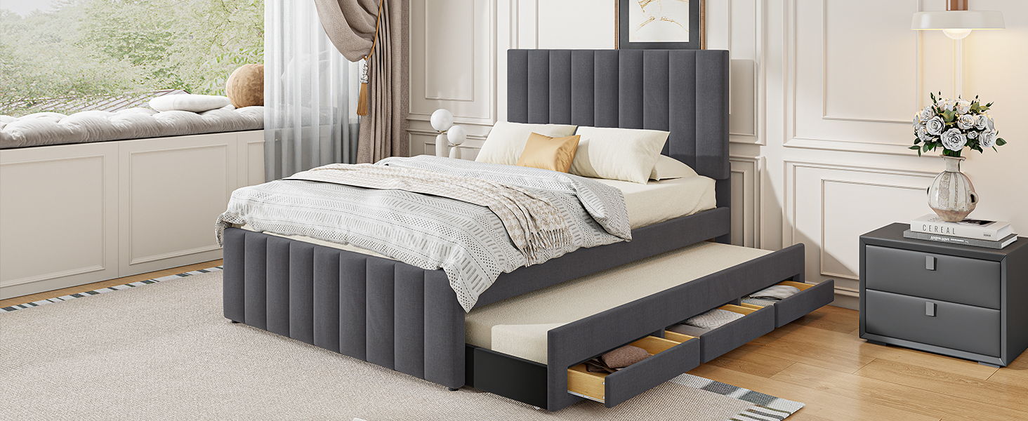Upholstered Platform Bed With Twin Size Trundle And 3 Drawers