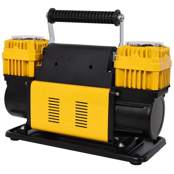 Heavy Duty 12V Dual Cylinder Air Compressor, Tire Inflator With Gauge - Yellow / Black