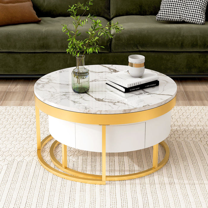 Round Nesting Coffee Table With Drawers - Golden / White