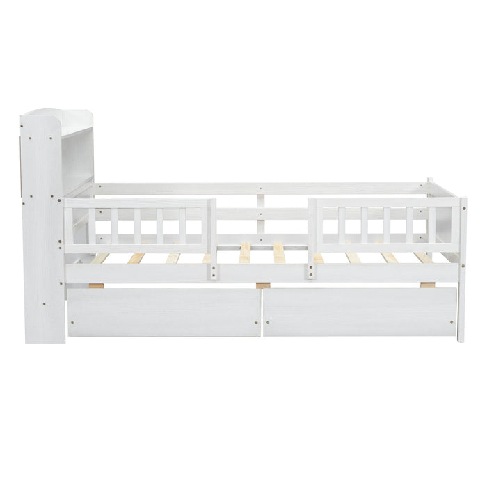 Platform Bed With LED Light, Multi Functional Headboard, Guardrail And 2 Drawers