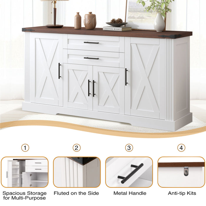 Barn Door Storage Cabinet With 2 Drawers & Door Rack, Adjustable Shelves