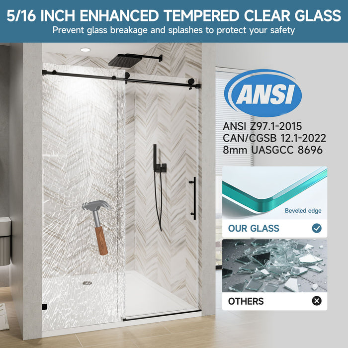 Frameless Single Sliding Soft Close Shower Door, 5 / 16" Clear Nano Coated Tempered Glass And 304 Stainless Steel Handle - Matte Black