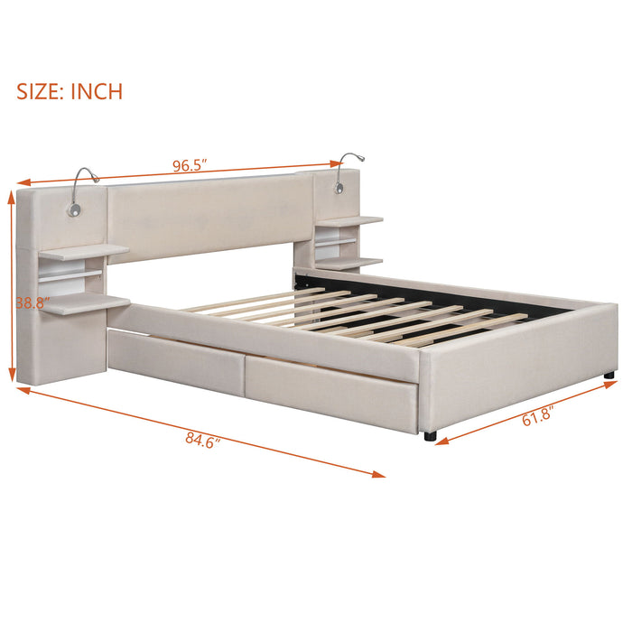 Upholstered Platform Bed With Reading Lights, Drawers, Trundle And Shelves