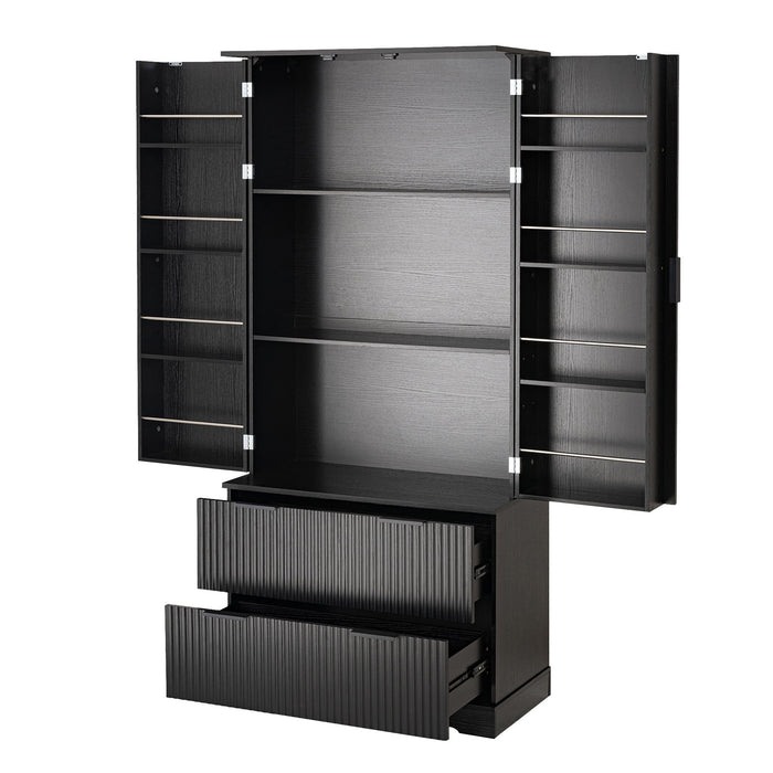 Fluted Kitchen Pantry Cabinet With 2 Large Drawers & 8 Door Spice Rack