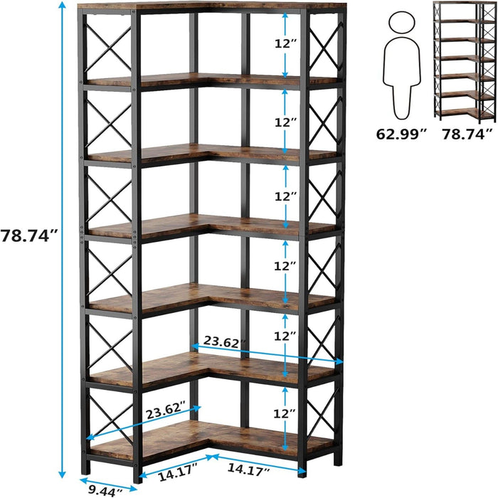 7 Tier Corner Bookshelf, Storage Unit For Living Room