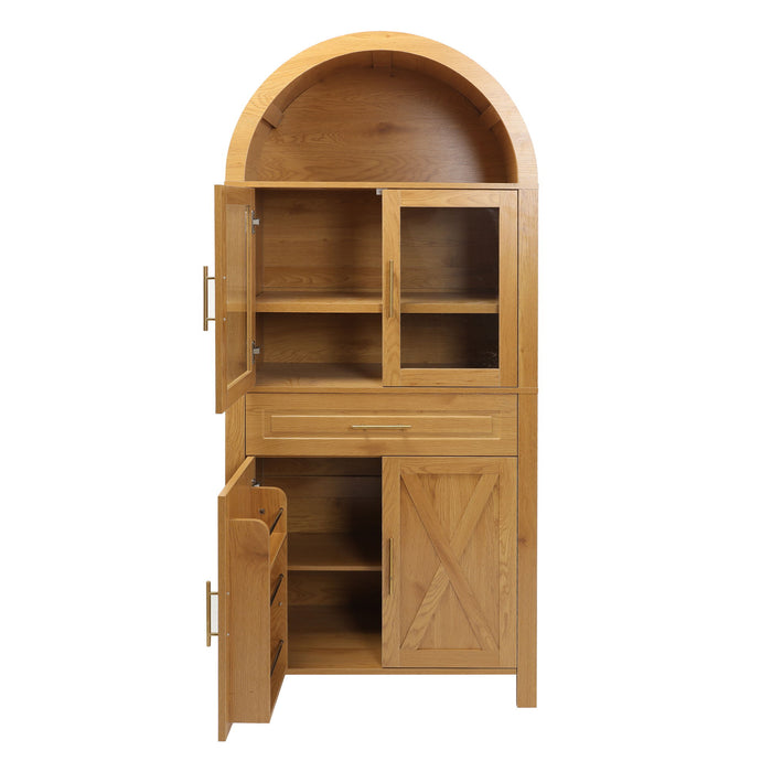 Arched Kitchen Pantry Cabinet With Adjustable Shelves And Barn Door Design