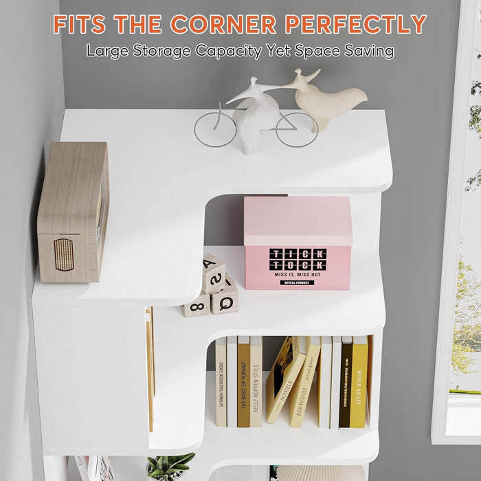 6 Tier Corner Bookshelf, L-Shaped Freestanding Shelf With Anti Drop Panels