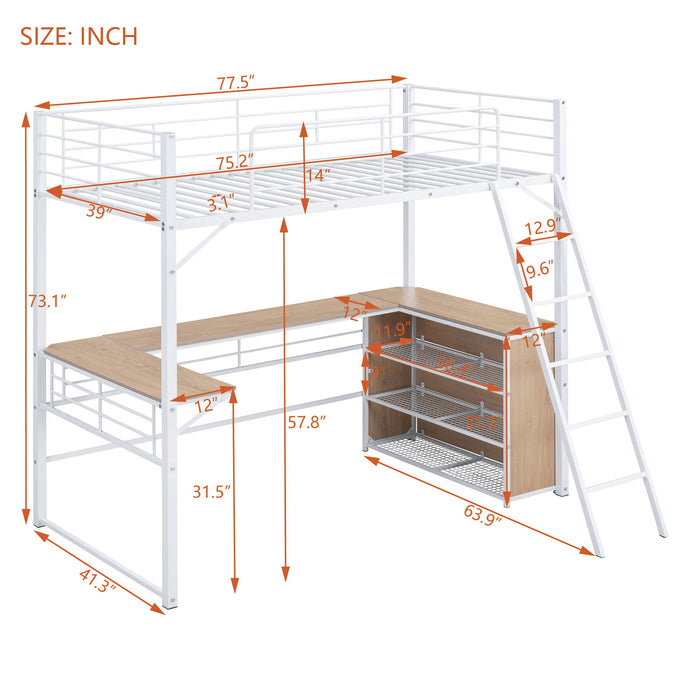 Loft Bed & 3 Layers Of Shelves And L-Shaped Desk