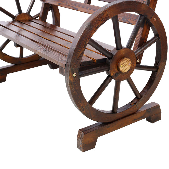 Rustic Country 2 Person Wooden Wagon Wheel Bench With Slatted Seat And Backrest - Brown