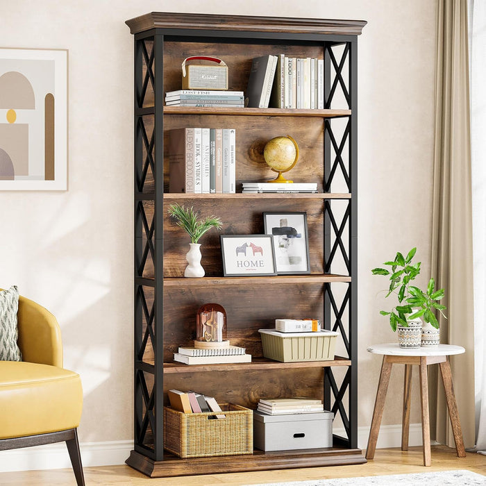 6 Tier Industrial Brown & Bookshelf With X Pattern Design - Rustic Brown