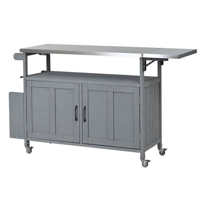 Foldable Outdoor Kitchen Island With Lockable Wheels, Storage Cabinet And Towel Rack For Patio