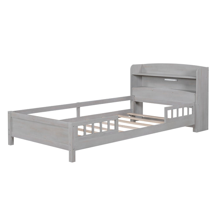 Wood Platform Bed With Built In LED Light, Storage Headboard And Guardrail
