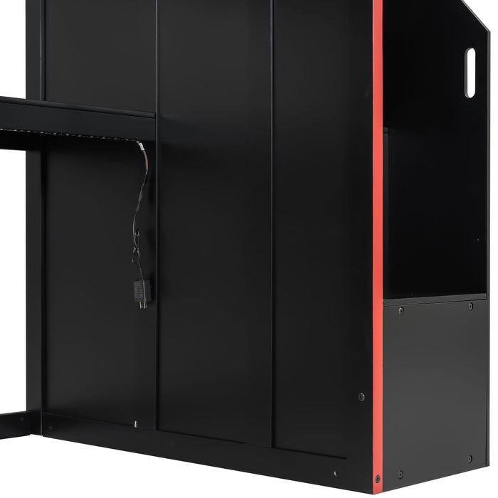 Gaming Loft Bed With Desk And Storage, LED Lights
