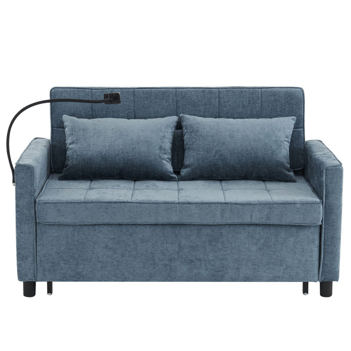 Pull-Out Sleeper Sofa With Reversible Backrest Cushion, Side Pockets, 2 USB Ports And A Phone Holder For Living Room