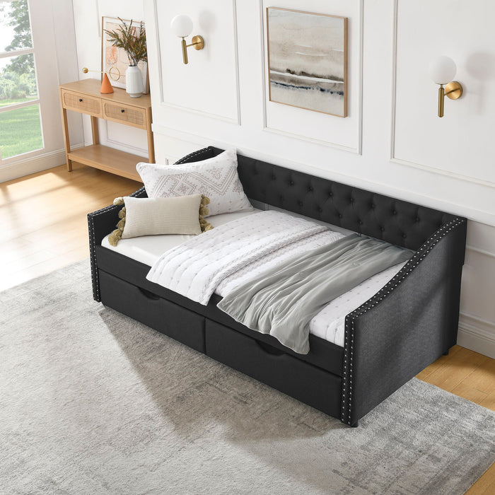 Upholstered Tufted Daybed With 2 Drawers, Waved Arms