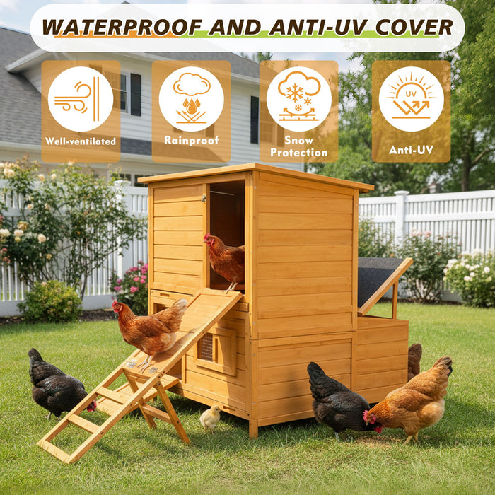 Chicken Coop, Large Chicken Coop With 3 Nesting Boxes, Foldable Ramp And Flip Up Asphalt Roof - Orange