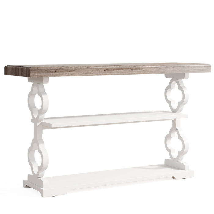 Console Sofa Table With 3 Shelves, Floral Carved Accent - Gray / White