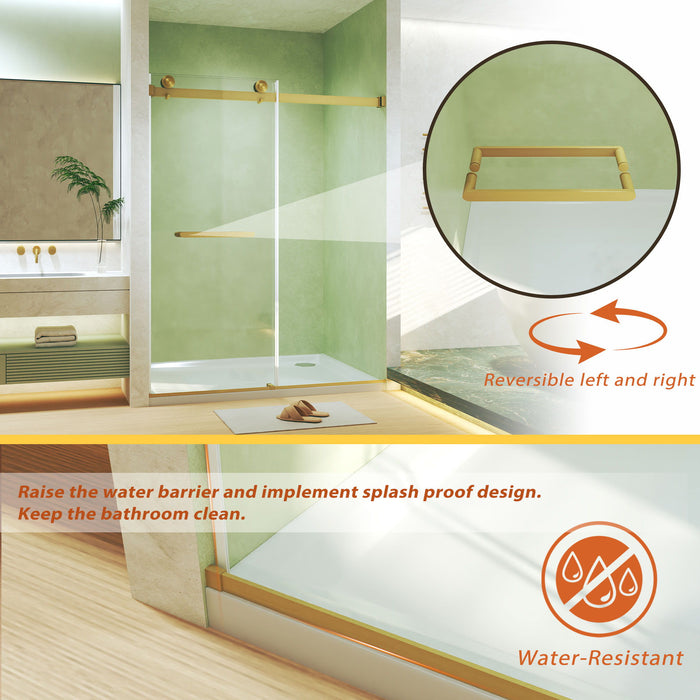 Frameless Double Sliding Shower Door, Tempered Glass, Explosion Proof Film, Square Tube Track - Brushed Gold