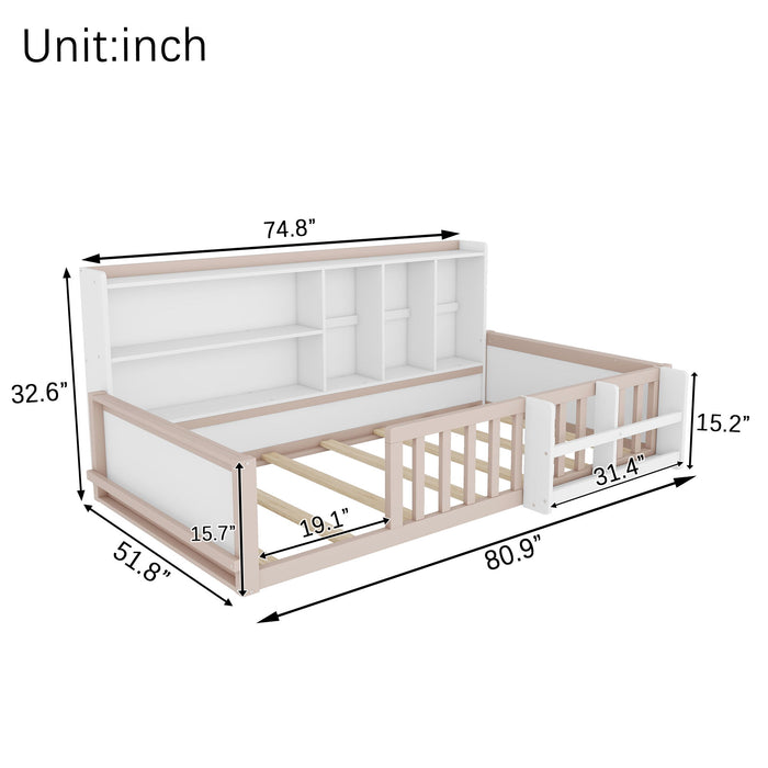 Platform Bed Frame With Guardrail, Storage Shelves & Bookshelf