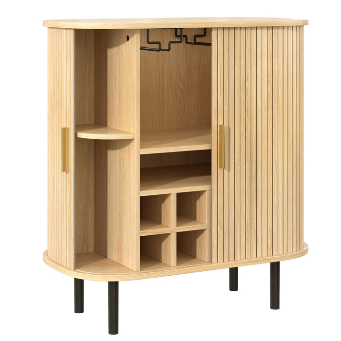 Fluted Wine Bar Cabinet With 8 Grid Wine Rack, 5 Level Adjustable Shelves, 2 Glass Holders