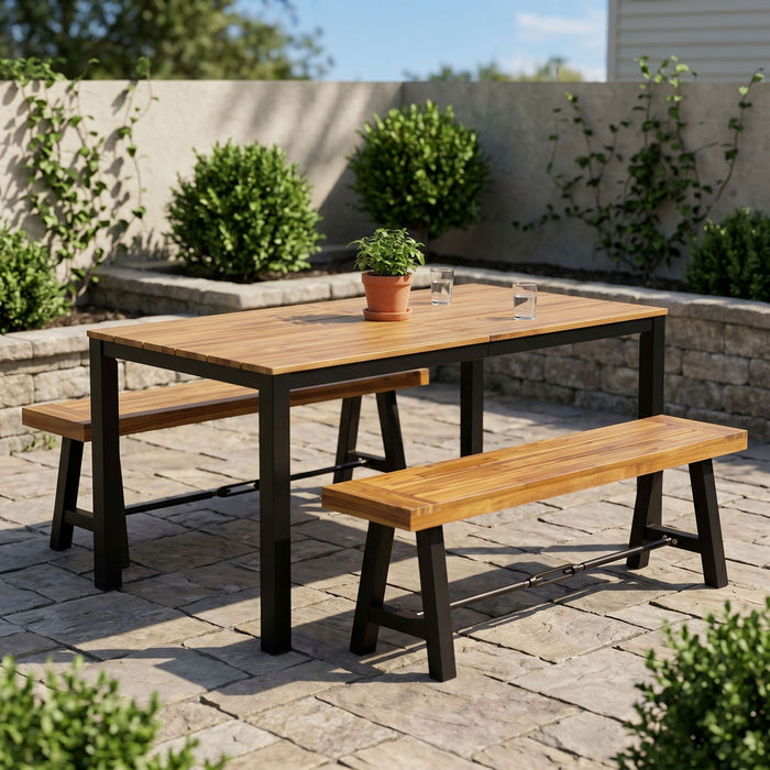 3 Piece Outdoor Dining Set, Rectangular Patio Table & 2 Benches - Black / Teak