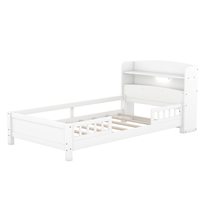 Wood Platform Bed With Built In LED Light, Storage Headboard And Guardrail