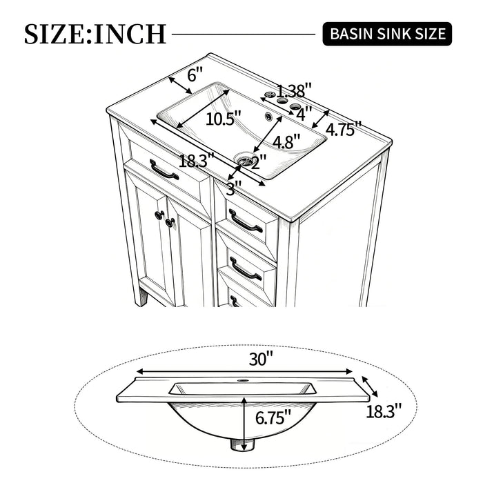 Bathroom Vanity With Sink, Freestanding Design, Soft Close Doors & Drawers - White