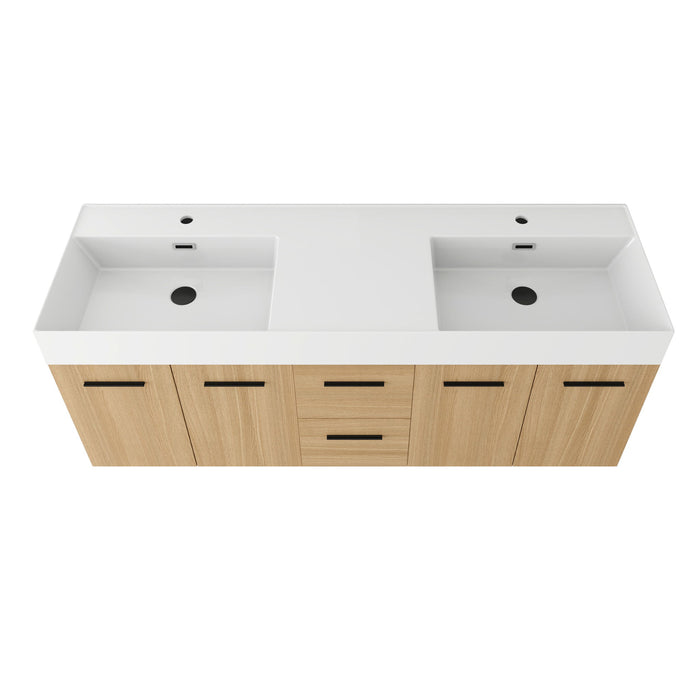 Floating Double Sink Bathroom Vanity With Drawers And Doors, Extra Large Storage, Integrated Sink, Soft Close Hardware - Glossy White / Light Oak